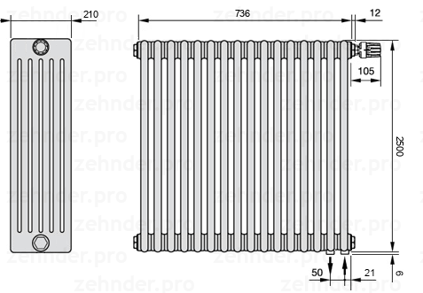 Схема (чертеж) Радиатор Zehnder Charleston 6250/16 №V002 Белый глянцевый RAL 9016